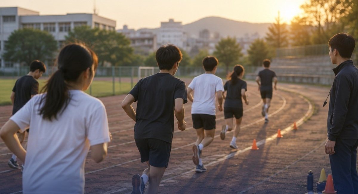 트랙에서 함께 훈련하는 유소년 선수들