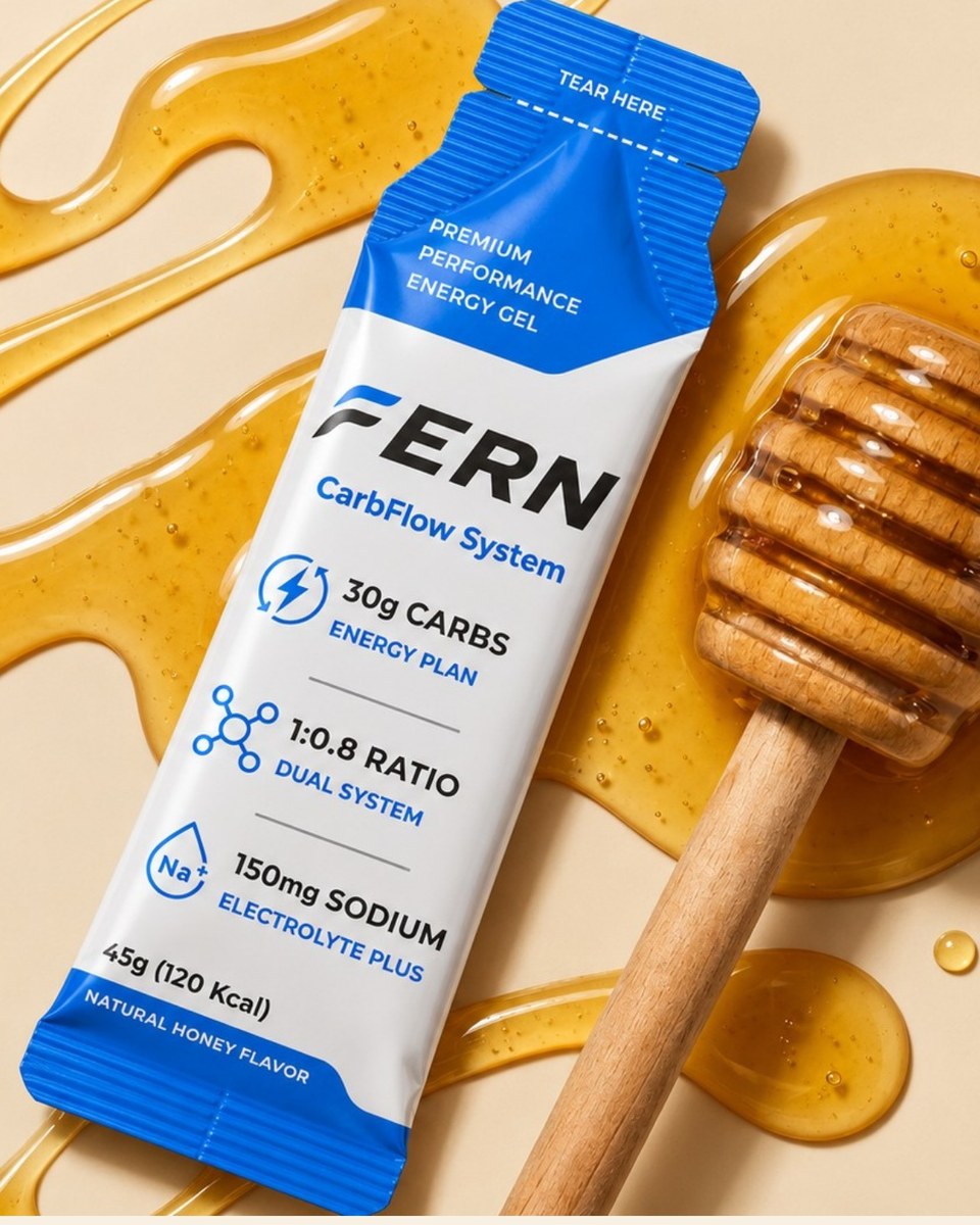 벌꿀 위에 놓인 FERN 프리미엄 퍼포먼스 에너지젤 파우치